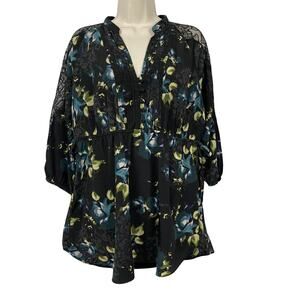 ELLE Tunic Top Womens Large Black Dark Floral Sheer Lace Fairy Grunge Peasant